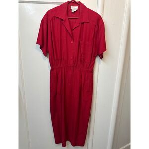 Silk Studio Vintage Red 100% Raw Silk Short Sleeve Midi Shirt Dress‎ Womens 12